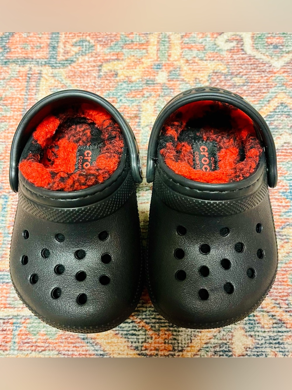 CROCS Kids Classic Clog with Red Fleece Lining - Black Shell
